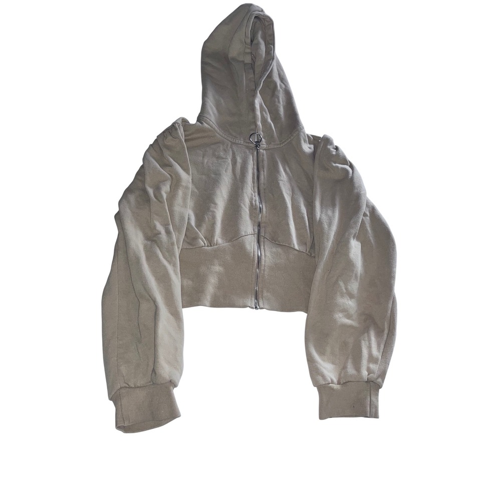 Reflex Tan Beige Cropped Zip Up Hoodie Sweatshirt O-Ring Pull Women Large